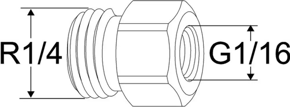 Übergangsverschraubung mit R1/4 und G1/16 Gewinde, hergestellt von IMI Hydronic Engineering, dargestellt in einer technischen Zeichnung ohne farbliche Details.
